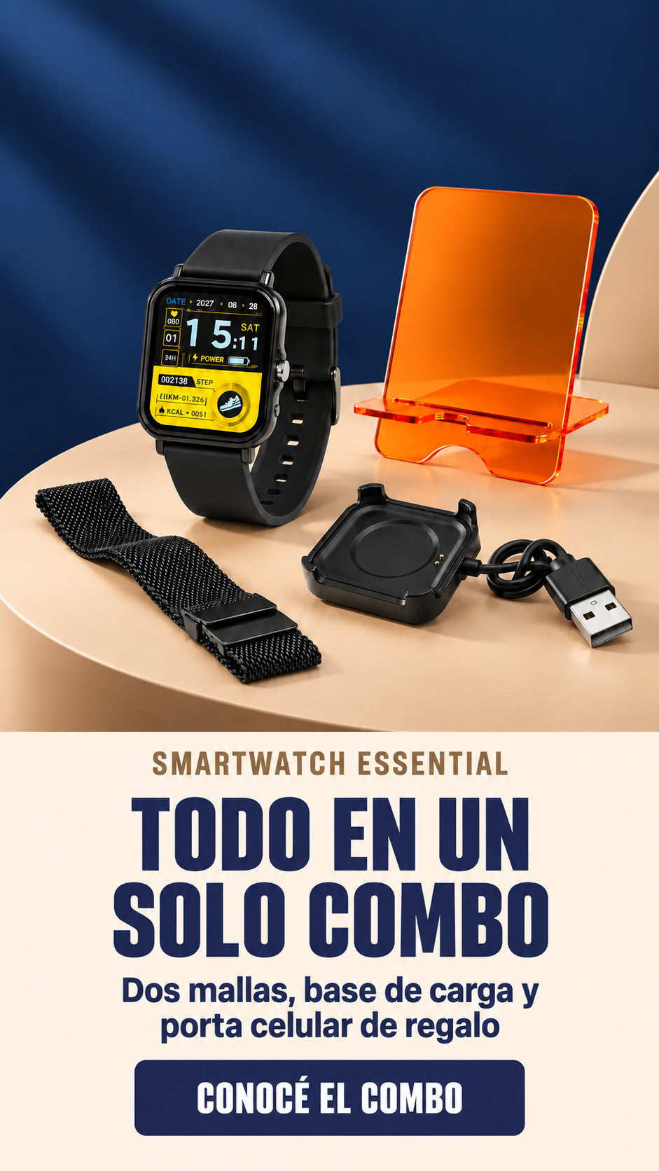 Combo Smartwatch Essential con dos mallas, base de carga y porta celular de regalo