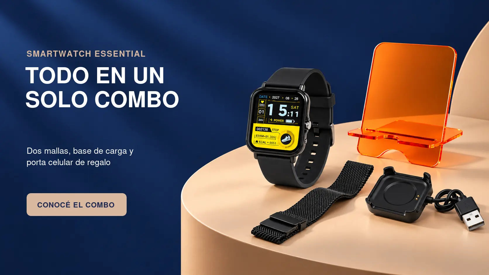 Combo Smartwatch Essential con dos mallas, base de carga y porta celular de regalo